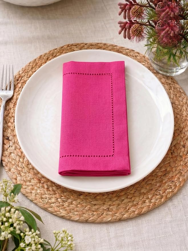 Palisa Hot Pink Cotton Napkins Set of 12 | Premium Hemstitch Detailing Cloth Dinner Napkins 18x18 Inch | Soft Washable & Reusable Table Napkins for Everyday Use Weddings Parties Restaurants & Hotels