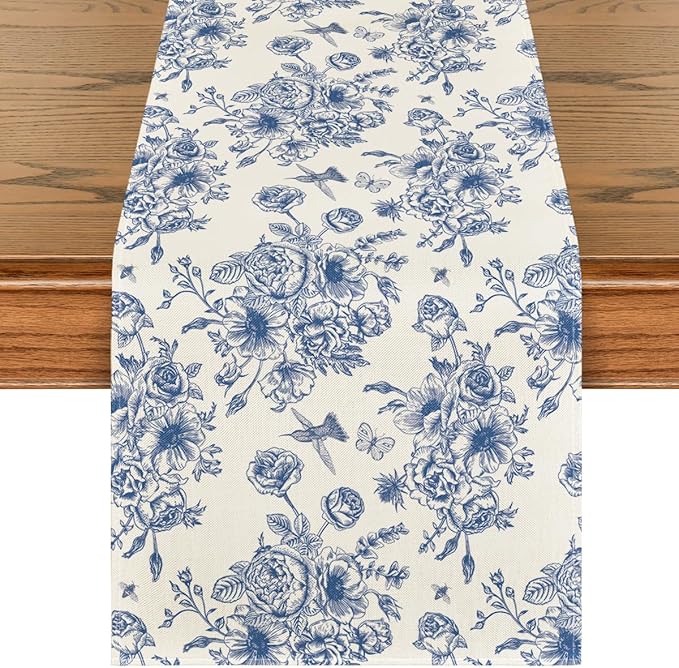 Artoid Mode Spring Beige Blue Floral Chinoiserie Table Runner, Seasonal Summer Kitchen Dining Table Decoration for Home Party Decor 13x36 Inch