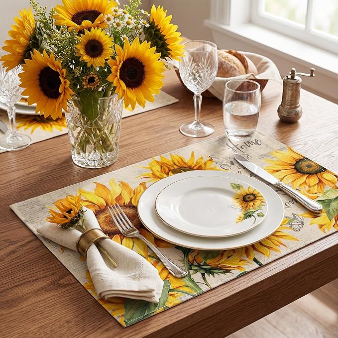 Sunflower Placemats Set of 6, Spring Summer Sunshine Table Mats 12x18 Inch, Farmhouse Washable Table Decor for Kitchen Dining Indoor Outdoor Party Holiday