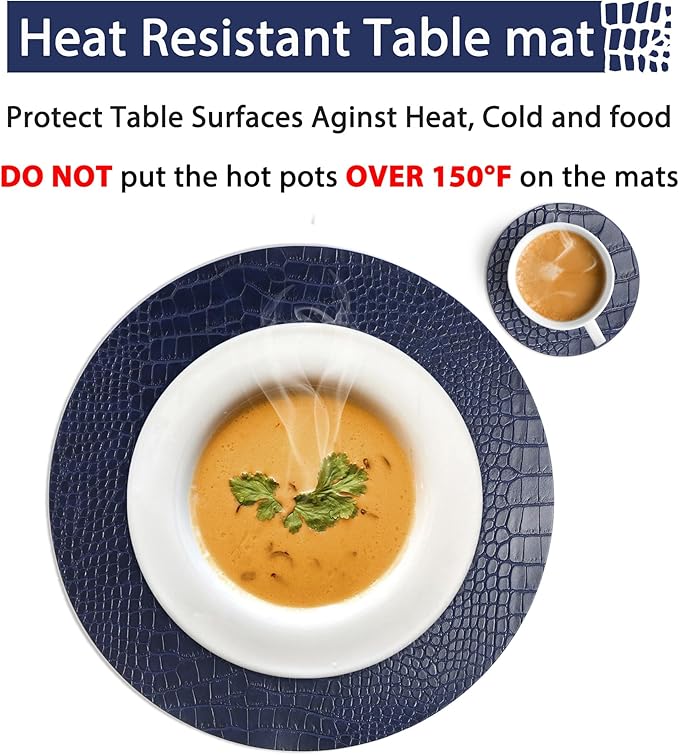Round Leather Placemats for Round Tables Set of 4, Blue Table Place Mats and Coasters, Washable Easy to Care for Indoor Decor 13" Diameter
