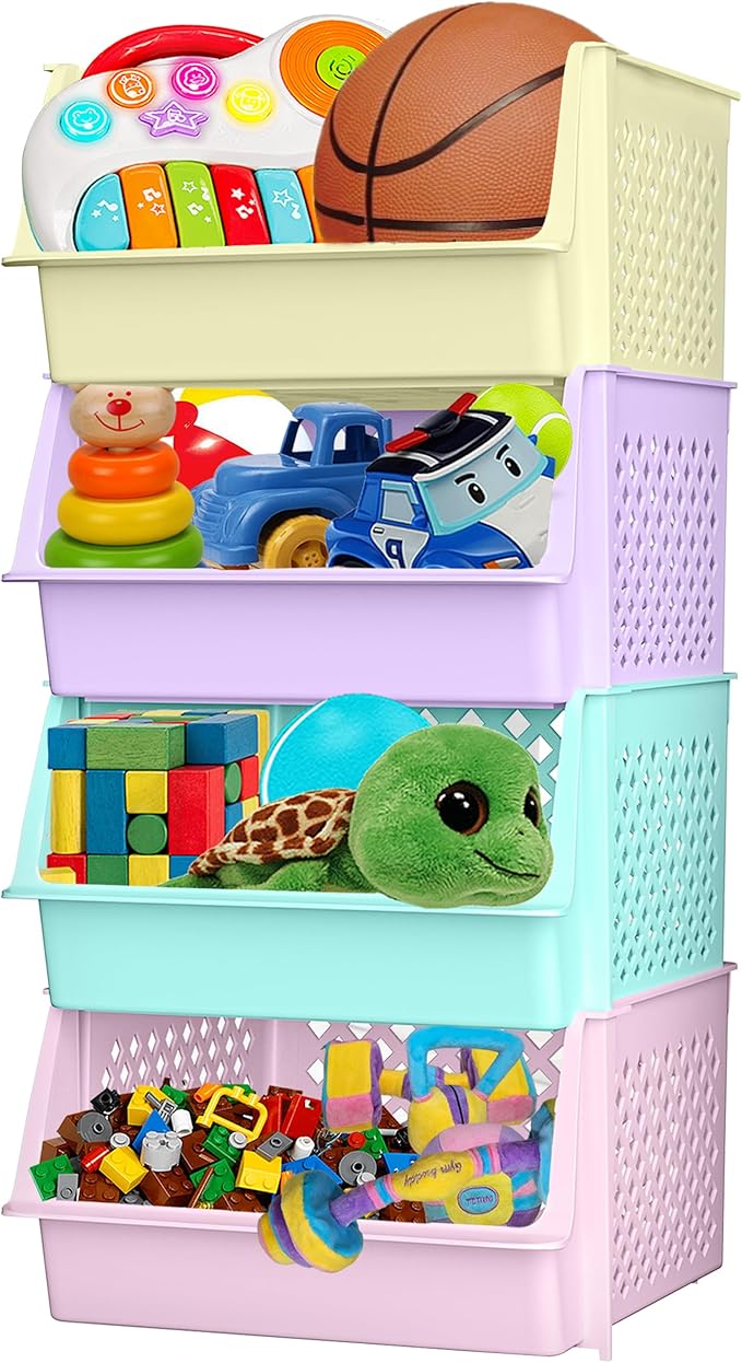 Skywin TidyFriend Large Stackable Storage Bins for Closet Organizers and Storage 4 Pack, Closet Organization for Kids Room and Home Organization (Multi)