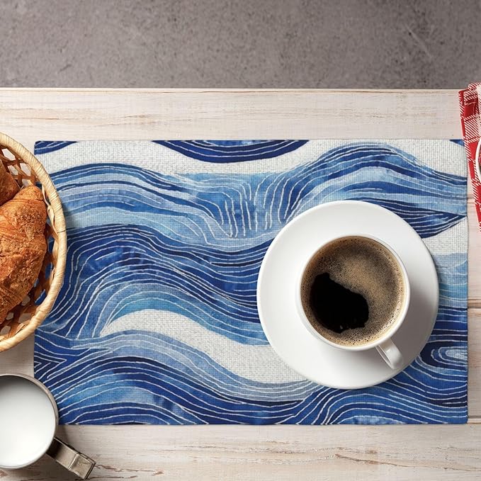 Blue and White Ocean Inspired Linen Placemats Set of 4, Washable Heat-Resistant Decorative Coastal Navy Blue White Wave Patterned Table Mats for Home Dining Parties, Gift for Beach Lovers, Home Decor