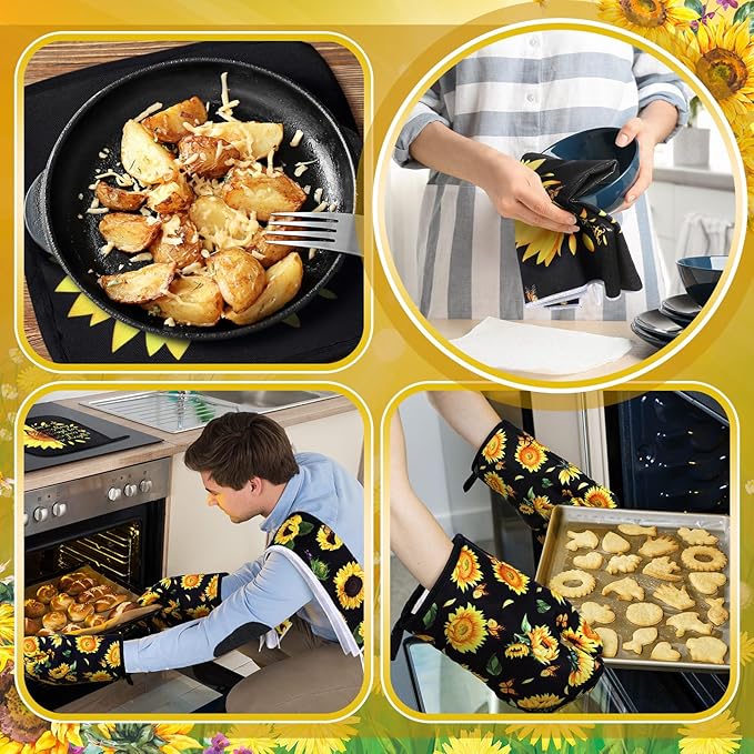 Fourluoo 10 Pcs Sunflower Kitchen Decor Sunflower Oven Mitts and Pot Holders Set Black Dish Towels Summer Rugs Mats Farmhouse Kitchen Accessories for Chef Baking Cooking Grilling BBQ Women Home Gift