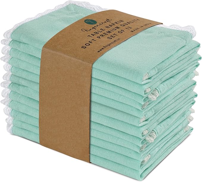 Fingercraft Dinner Cloth Napkin Cotton Linen Blend 12 Pack Mitered Corners with Elegant Lace for Everyday Use Napkins are Pre Shrunk and Good Absorbency (Aqua, 12in x 12in) Easter Color