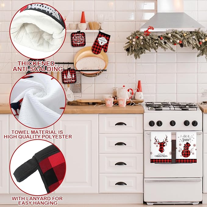 Peryiter 5 Pcs 4th of July Kitchen Towels Pot Holders and Oven Mitt Set Patriotic Retro 2 Dish Towels 2 Square Potholders 1 Heat Resistant Glove for Cooking Baking Gifting Home (Red and Black Plaid)
