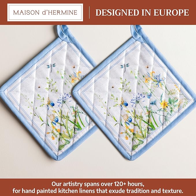 Maison d' Hermine Pot Holders 100% Cotton Heat Resistant Potholders 8" x 8" Hot Pads with Loop BBQ Cooking Baking Gifts for Mothers Day Handling Hot Pans Spring/Summer (Pack of 2, Fleurs De Mai)