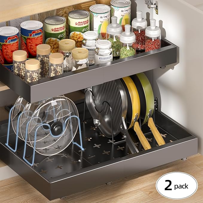 Delamu 16" Deep Pull Out Cabinet Organizer with 6 Dividers, Expandable (11.7 "-20" W) Pull Out Drawers for Cabinets, Cabinet Trays Pull Out for Cabinets in Kitchen, Pantry or Bathroom, Black, 2 Pack