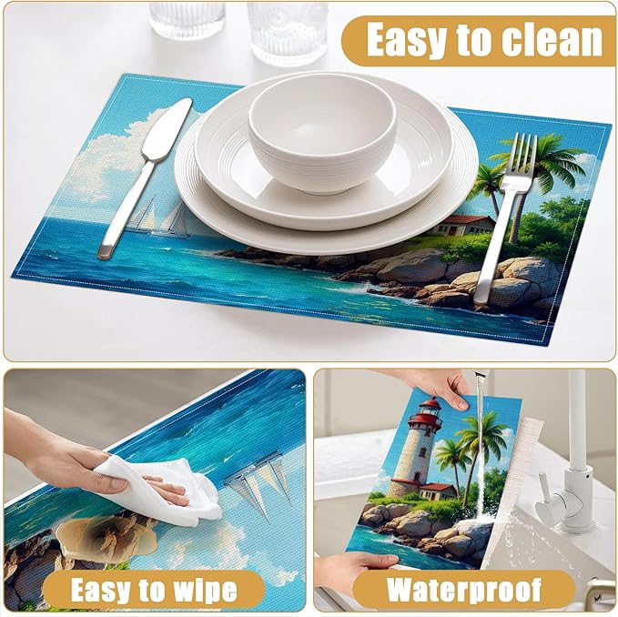 Lighthouse Placemats Set of 6, Nautical Theme Palm Linen Place Mat Washable Stain Resistant Table Mats for Farmhouse Kitchen Dining Party 12x18 Inch