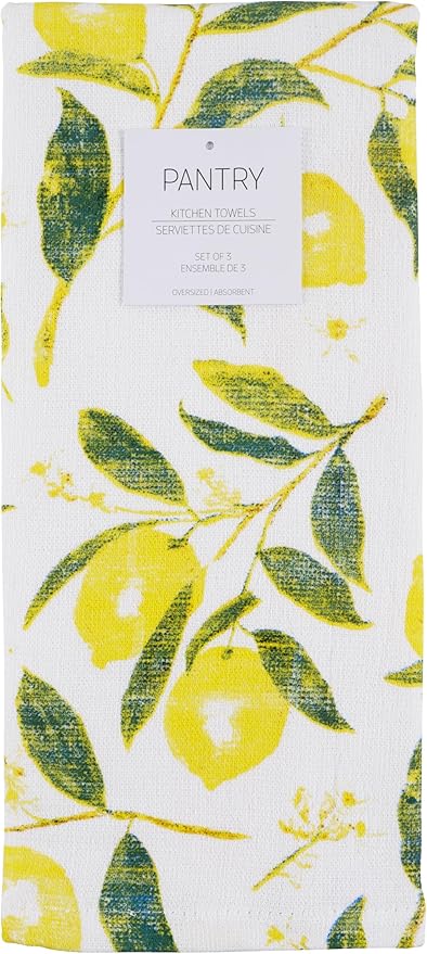 KAF Home Pantry Set of 3 Reverse Terry Print Kitchen Towels, Over-Sized 16 x 28-inch, 100 Percent Cotton (Lemons)