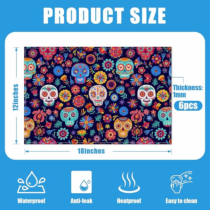 Sugar Skull Mexican Día de Los Muertos Placemats Set of 6, Halloween Washable Linen Place Mat Heat Resistant Non Slip Kitchen Dining Table Mats 12x18 Inch