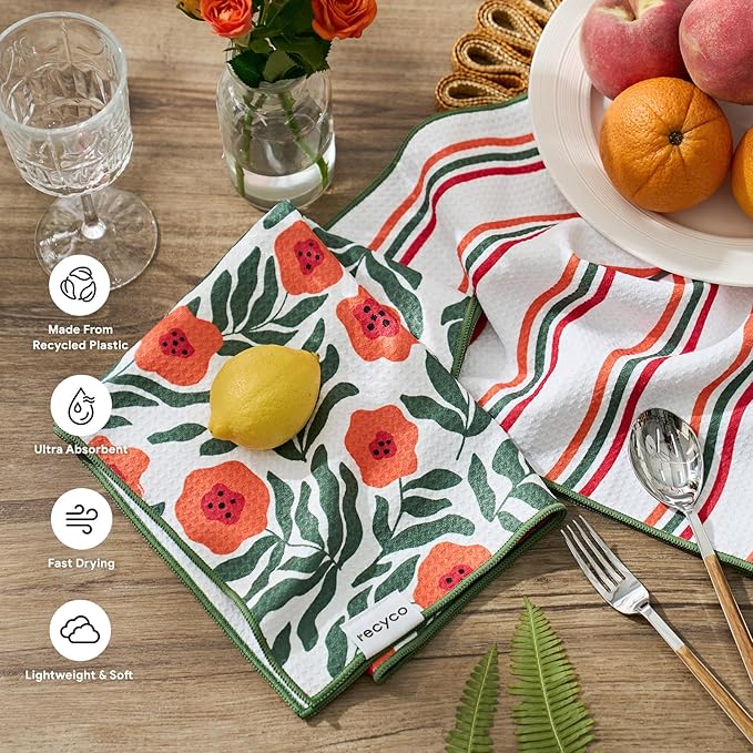 RECYCO Waffle Kitchen Towel Set of 2 - Quick Dry Microfiber Sustainable Dish Towels - Ultra Absorbent Reusable Cleaning Tea Towels - Lightweight Hand Towels,16”x 28”, Poppy Waves