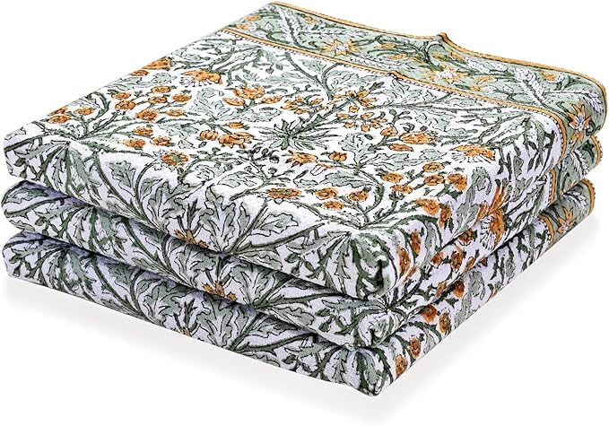 Ridhi Goldenrod Yellow Hand Block Print Waffle Kitchen Towel Set of 3-16 x28 Ultra Absorbent Quick Dry 100% Cotton Dish Towels Lightweight Reusable Sustainable Tea Towels for Cleaning and Drying