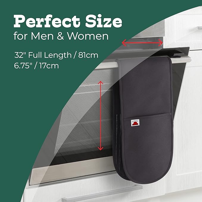 Big Red House Grey Double Oven Mitt Kitchen Protection - Pack of 1-32" Long - Heat Resistant Cotton Professional Grade with Terrycloth Lining