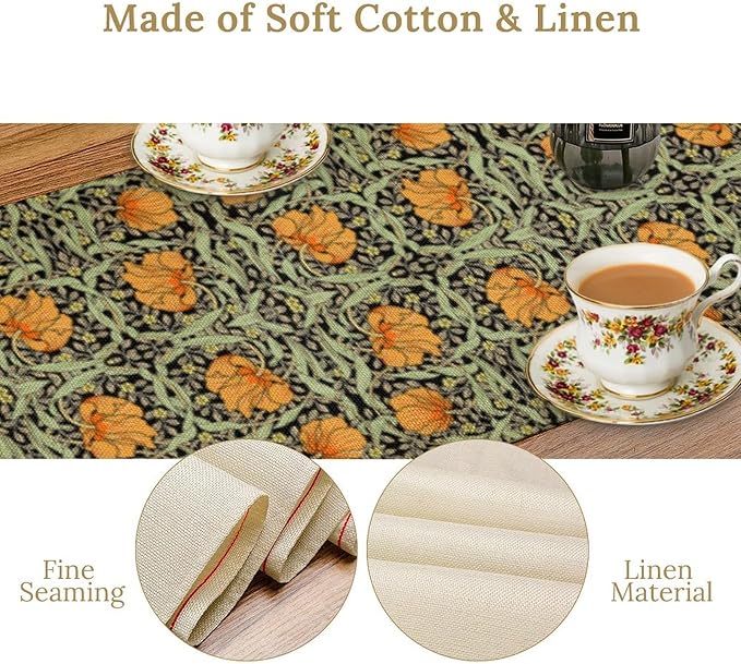 William Morris Vintage Floral Table Runner Farmhouse Sage Green Orange Art Printed Dinner Runner for Home Kitchen Dining Table Decor Fabric 1 Panel W13xL108in