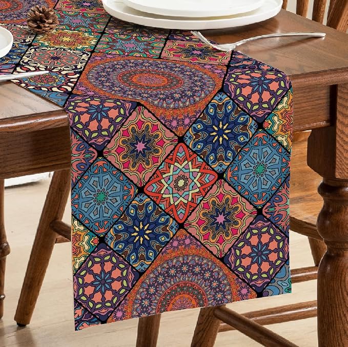 Boho Bohemian Table Runner 36 Inches Long, Vintage Seasonal Dresser Scarf for Party Kitchen Dining Coffee Table Bedroom Indoor Outdoor, Machine Washable (Bohemian A, 13” x 36”)