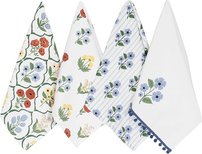 Ritz 100% Cotton Kitchen Towels, Blue Trellis Floral – 16"x26" – Absorbent Dish Towels for Drying & Cleaning – Soft & Durable (Set of 4)