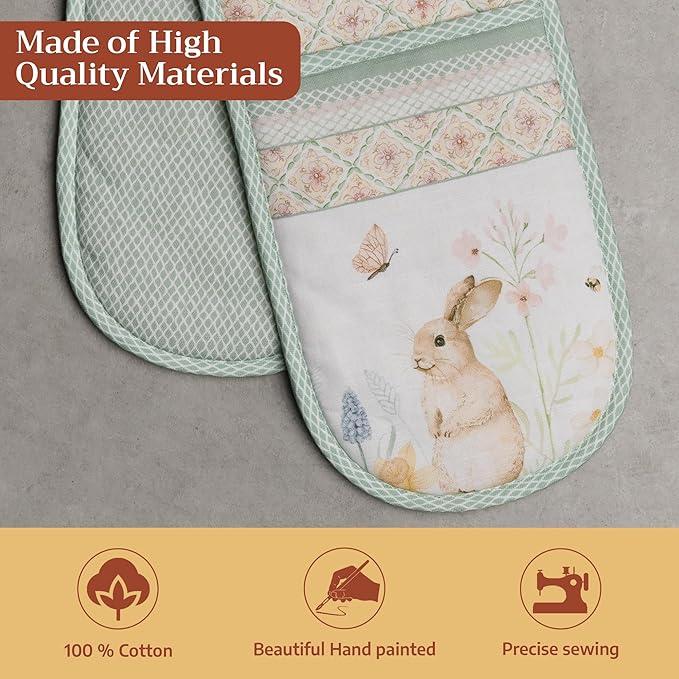 Maison d' Hermine Double Oven Mitts 100% Cotton 7"x35" Double Oven Mitt Heat Resistant BBQ Cooking Gloves with Loop Baking Grilling Gifts for Mothers Day Spring Summer (Easter Dew)