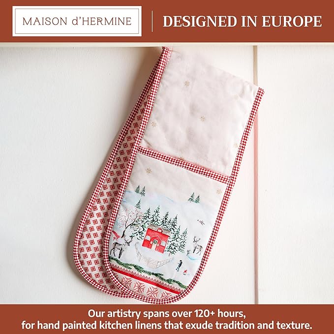 Maison d' Hermine Double Oven Mitt (7" x 35") 100% Cotton Heat Resistant BBQ Cooking Gloves with Loop for Thanksgiving Christmas Decorations Baking Cooking Barbeque Handling Hot Pan (Rural Christmas)
