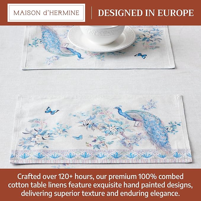 Maison d' Hermine Placemat 100% Combed Cotton Premium Cloth Placemats 13"x19" Washable Place Mats, Home, Kitchen, Dining, Cocktail Parties & Camping - Peacock Utopia (Set of 4)