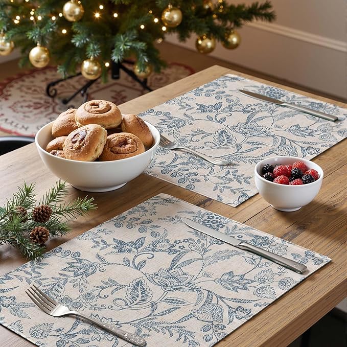 JINCHAN Linen Floral Placemats Set of 4 Cloth Table Mats Rustic Cottagecore Botanical Outdoor Seasonal for Kitchen Dining Table Decor Non-Slip Washable Tablemats 13x19 Inch Blue