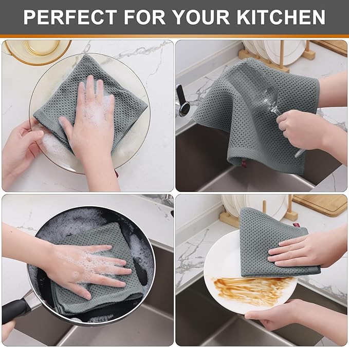Kitinjoy 100% Cotton Kitchen Dish Cloths (12 X 12 Inches, Grey), 6 Pack Waffle Weave Ultra Soft Absorbent Dish Towels for Drying Dishes Quick Drying Kitchen Towels Dish Rags