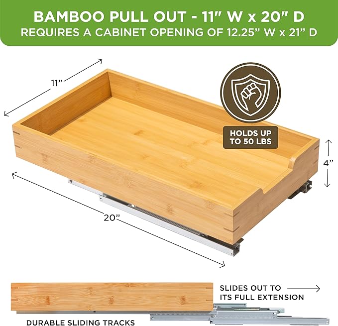 HOLDN’ STORAGE Bamboo Wooden Pull out Cabinet Organizer 11"W x 21"D Requires At Least a 12.25"W x 21"D Cabinet Opening W/Lifetime Limited Warranty, Bamboo Tray and Heavy Gauge Metal Rails