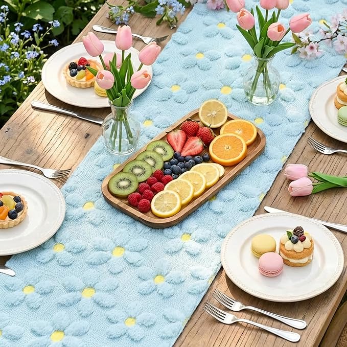 Artoid Mode Blue Soft Plush Faux Fur Jacquard Embroidery Daisy Spring Table Runner, Kitchen Dining Table Decoration for Home Party Decor 13x48 Inch