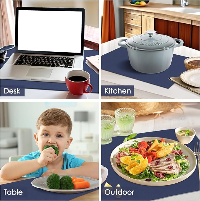 MANSPHIL Navy Blue Cloth Placemats Set of 6 Double Layer Thick Fabric Table Mats Faux Linen Place Mats Heat Resistant Washable Wrinkle Free Dining Kitchen Table Decor, 13x19 Inch Oeko Tex Placemat