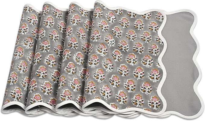 CPC Cotton Placemats Labra Grey Set of 4-Hand Block Printed Reversible Placemats, Flower Scalloped & Embroidered Cloth Table Mats - 14 x 20 inch Gift for Spring, Mother's Day