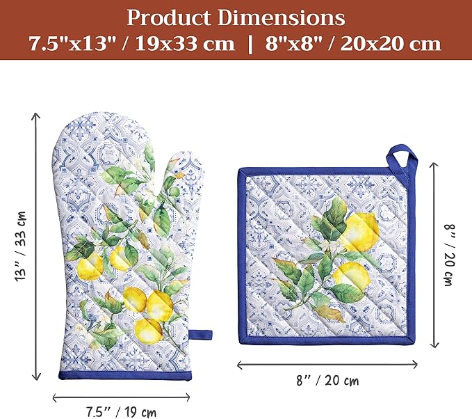 Maison d' Hermine 100% Cotton Oven Mitt & Pot Holder Set (7.5"x13" & 8"x8") Heat Resistant BBQ Cooking Gloves with Loop Baking Grilling Kitchen Gifts for Mothers Day Spring/Summer (Citrus)