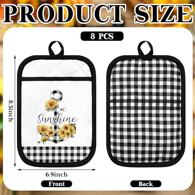 8 Pcs Sunflower Pot Holders with Pocket Buffalo Plaid Potholder Farmhouse Kitchen Heat Resistant Potholders Sunflower Hot Pad Oven Mitt Cookie Bag Oven Glove for Kitchen Decoration Baking Cooking Gift