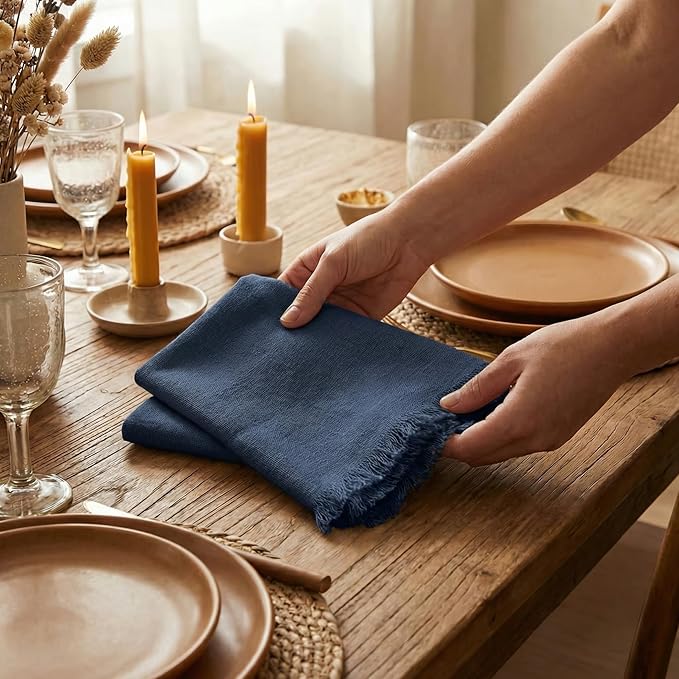 ACCENTHOME Navy Cotton Linen Napkin Set of 12 18x18 inch Dinner Napkins - Washable Soft Premium Hotel Quality Reusable Hemmed Edges Napkins Perfect Table Linens for Family Dinners, Weddings