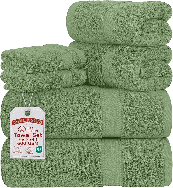 RIVERSIDE Luxury 6 Piece Towel Set, 2 Bath Towels, 2 Hand Towel, 2 Wash Cloths, 100% Cotton, 600 GSM Hotel Quality, Soft, Highly Absorbent Towels for Bathroom, Sage Green Towel Sets