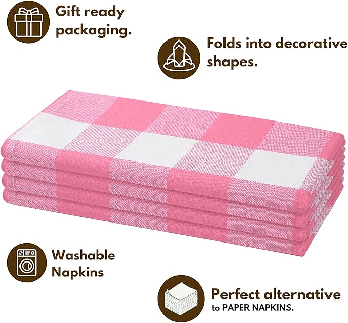 Native Fab Pink Buffalo Check Easter Napkins - Set of 4 (16x16) 100% Cotton, Gingham Checked Everyday Napkin - Soft, Absorbent, Washable Reusable Spring Table Linens for Family Dinner, Pastel Pink