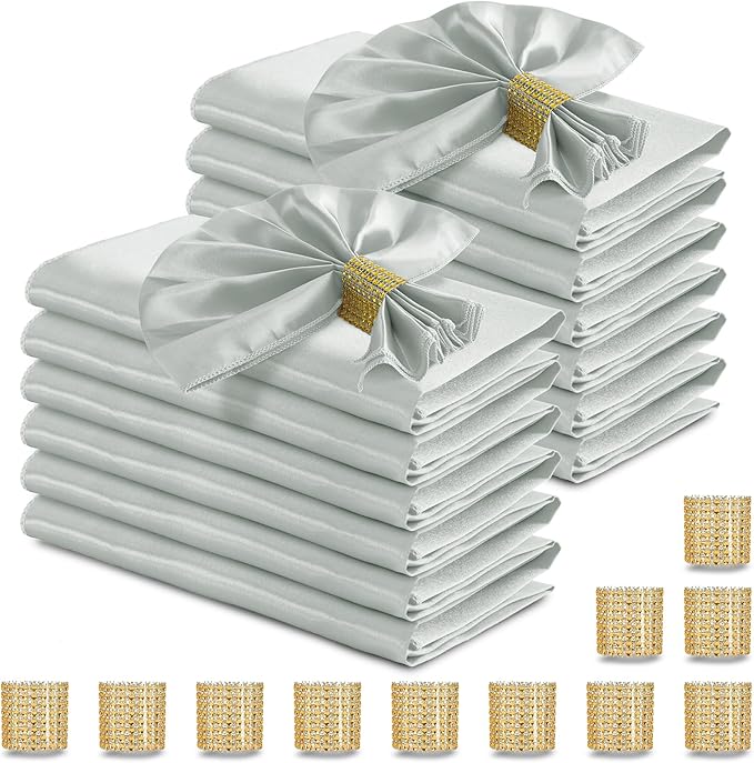 RUDONG M 100 Pcs Grey Satin Napkins and Napkin Rings Set, 17 x 17 Inch Square Cloth Napkins Set of 50, Silky Soft Table Napkins Bulk for Weddings, Banquet, Parties Dinner Decoration
