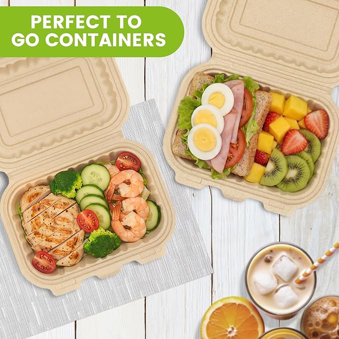 Clamshell Take Out Food Containers, 50 Pack-22oz Disposable Meal Prep Containers Natural Rice Husk Material Durable To Go Containers for Pasta Salad Snacks Taco Chinese Food Restaurants 8"X6"X2.5"