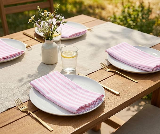 PurpleEssences Plain Striped Cloth Napkins - Set of 12-100% Cotton - 18 x 18 Inch - Spring Easter Summer and Perfect Everyday Use Dinner Napkin - Blush Pink and White