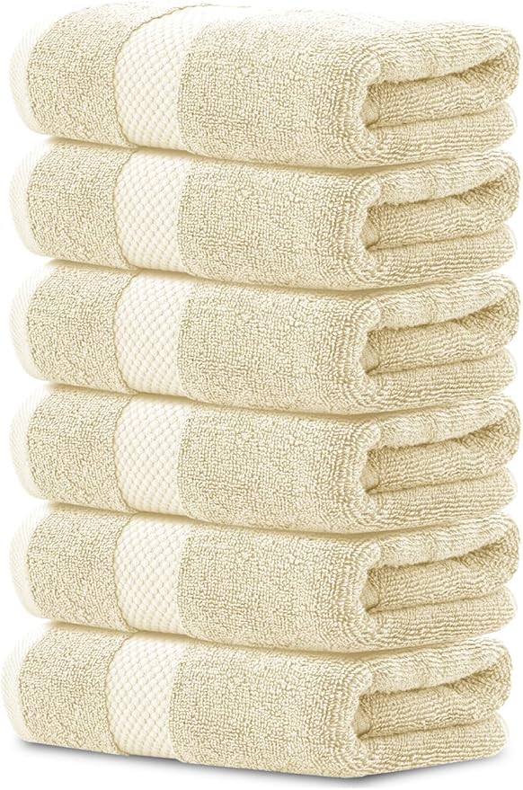 White Classic Luxury Beige Hand Towels - Soft 100% Turkish Cotton | Highly Absorbent Hotel spa Bathroom Towel Collection | 16x30 Inch | Set of 6