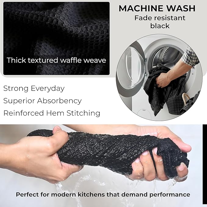 Highly Absorbent Cotton Dish Towels for Drying - Set of 6 Black Kitchen Towels - 18"X28" Lint Free Waffle Weave Cloth Linen Hand Bathroom Bulk Dishtowels