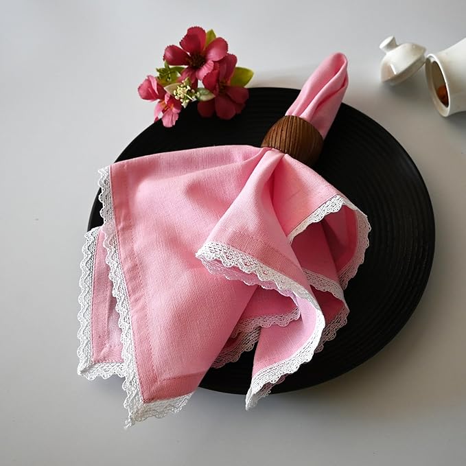 Fingercraft Dinner Cloth Napkin Cotton Linen Blend 12 Pack Mitered Corners with Elegant Lace for Everyday Use Napkins are Pre Shrunk and Good Absorbency (Pastel Rose, 20in x 20in (Set of 12))