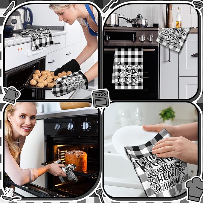 Sratte 6 Pcs Kitchen Decor Accessories Set Farmhouse Towels Pot Holders Oven Mitts Set 2 Dish Towels 2 Potholders 2 Cooking Mittens Oven Glove for Christmas Baking Cooking Supply(Black White,Kitchen)