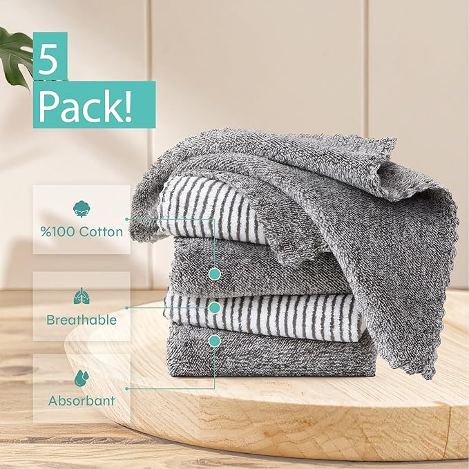 5 Pack Kitchen Towels and Dishcloths Sets, 12 X 12 Inches, Absorbent Dish Towels for Kitchen, Microfiber Cleaning Cloth, Dish Cloths for Washing Dishes (Blackliner)