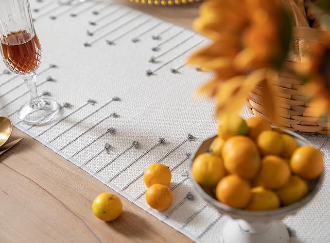 Boho Table Runner 13 x 60 Inch Long Natural Cotton Woven Runner with Tassels for Home Dining Table décor, for Modern Farmhouse Decor Coffee Table Runner, Grey and Beige
