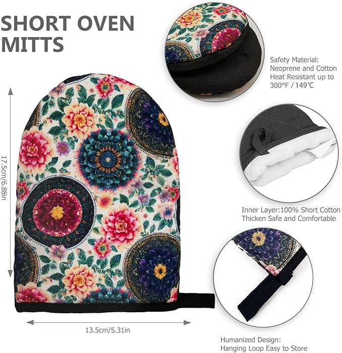 Boho Floral Oven Mitts, High Heat Resistant Kitchen Oven Gloves, Mini Silicone Oven Mitts, Non-Slip Grip Surfaces and Hanging Loop for Grilling, Baking, Cooking and Microwave, Gift