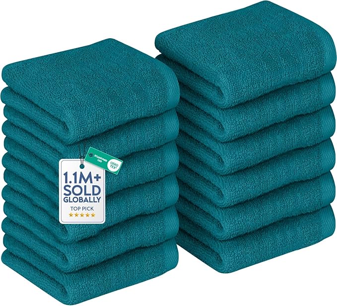 DAN RIVER 12 Pack Wash Cloths for Showering [12x12] - 100% Cotton Washcloths Premium Quality Flannel Face Cloths for Bathroom, Highly Absorbent and Soft Feel Wash Clothes, Teal
