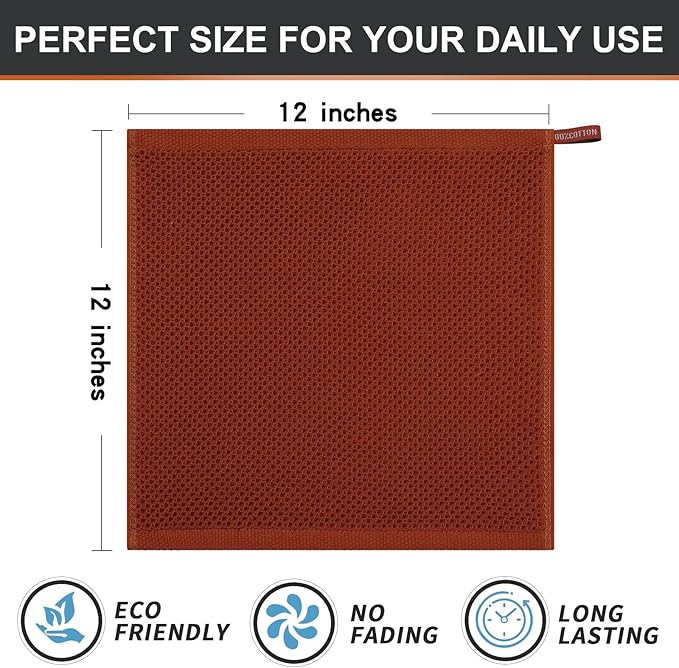 Kitinjoy 100% Cotton Kitchen Dish Cloths (12 X 12 Inches, Rust), 8 Pack Waffle Weave Ultra Soft Absorbent Dish Towels for Drying Dishes Quick Drying Kitchen Towels Dish Rags
