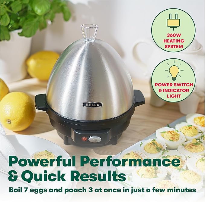 BELLA Rapid Electric Egg Cooker and Omelet Maker with Auto Shut Off, for Easy to Peel, Poached Eggs, Soft, Medium and Hard-Boiled Eggs, 7 Egg Capacity Tray, Single Tier, Black & Steel
