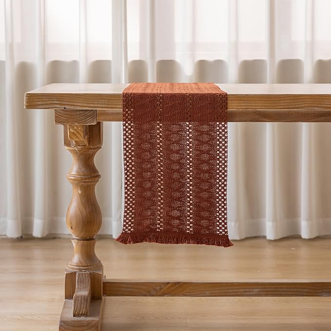 Keketoarrange Boho Rust Table Runner for Home Decor 12x48 Inches Farmhouse Macrame Burlap Jute Rustic Dining Kitchen Centerpiece Bohemian Decor French Country Baby Bridal Shower Decorations