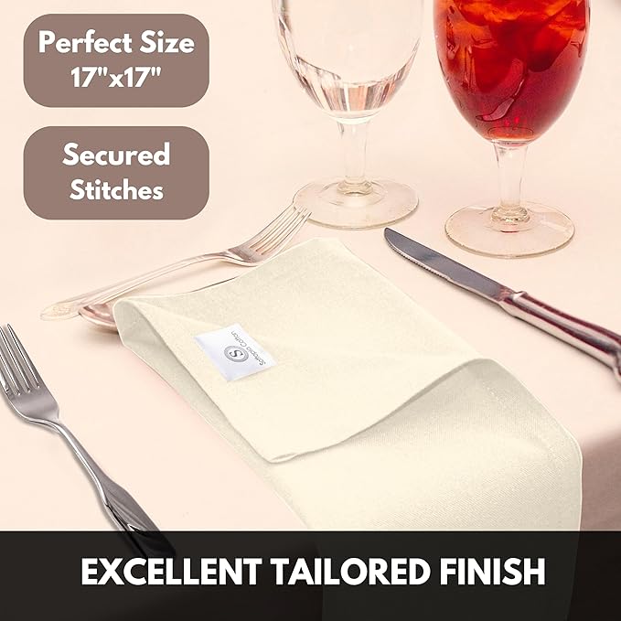 Ivory Cloth Napkins 100% Cotton 17x17 Inch, Soft Texture, Machine Washable, Colorfast, Suitable for Easter Lunch, Bridal Showers, Tea Parties, Formal Dining - Ivory Cream (Set of 12)