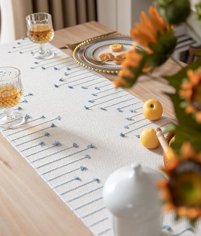 Boho Table Runner 13 x 48 Inch Long Natural Cotton Woven Runner with Tassels for Home Dining Table décor, for Modern Farmhouse Decor Coffee Table Runner, Light Blue and Beige